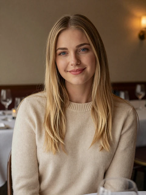 Elegant blonde woman at a Back Bay fine dining table - sugar baby Boston dating lifestyle