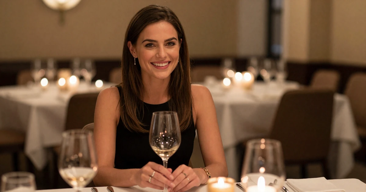 Elegant woman holding a wine glass across a candlelit restaurant table - first sugar date setting