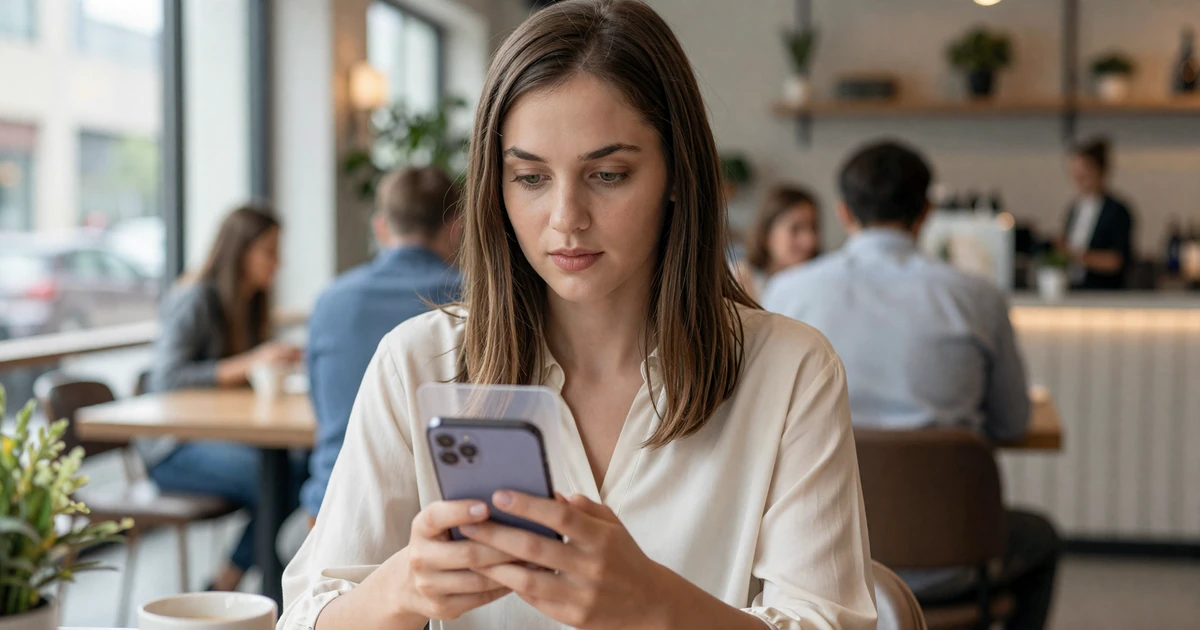 Woman using a smartphone with a privacy screen in an upscale cafe - practicing safe online sugar dating