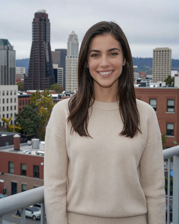 Attractive brunette woman smiling on a Pearl District loft balcony with Portland skyline - sugar baby Portland premium dating
