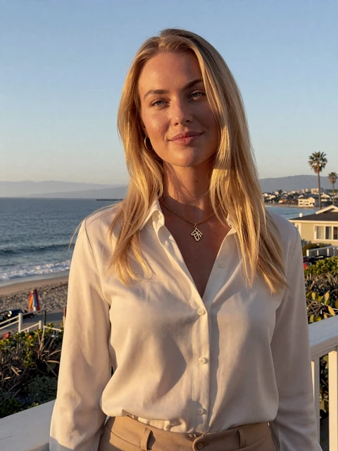 Elegant woman on a Malibu beach house terrace at sunset - sugar baby Los Angeles luxury dating lifestyle