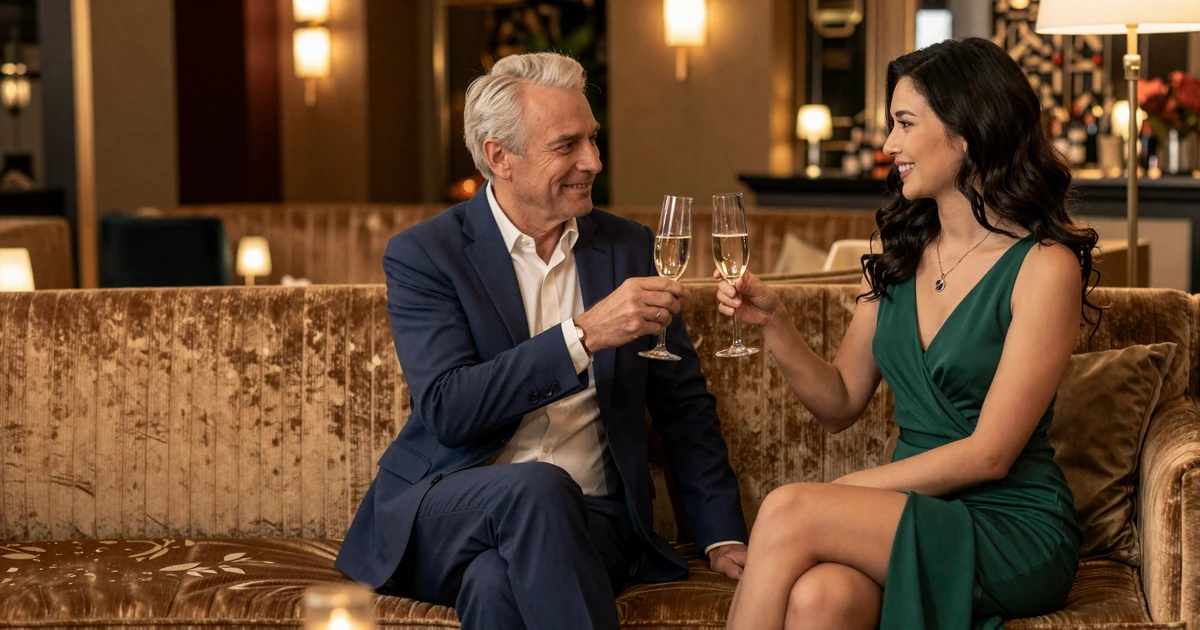 Successful older man and attractive younger woman toasting champagne in a private lounge - premium sugar daddy dating lifestyle
