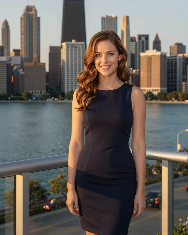 Elegant woman on a Gold Coast balcony with Chicago skyline and Lake Michigan at golden hour - sugar daddy Chicago premium dating