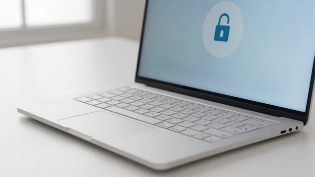 Laptop keyboard with privacy lock screen on a clean desk - secure online dating privacy