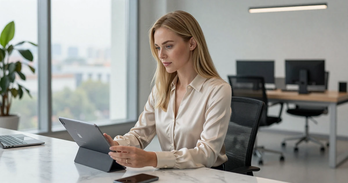 Woman using a tablet showing a matchmaking dashboard - how SugarSeniorDating works