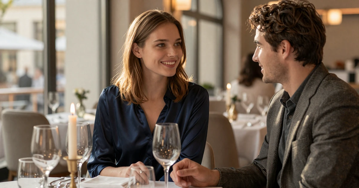 Couple in intimate conversation at an upscale restaurant - building genuine connection in sugar dating