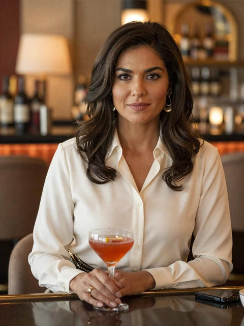 Elegant mature woman at a luxury hotel lounge bar - confident cougar dating lifestyle