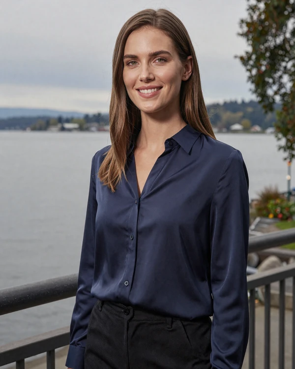 Elegant woman on a Seattle lakefront deck overlooking Lake Washington - sugar daddy Seattle premium dating