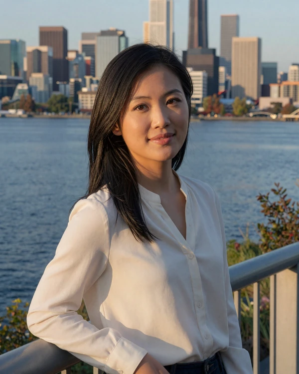 Elegant Asian American woman on a Madison Park balcony overlooking Lake Washington - sugar baby Seattle premium dating