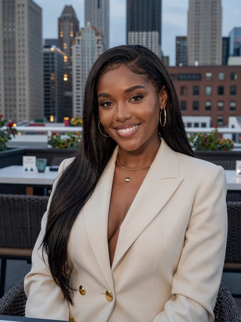 Stylish woman at a Streeterville rooftop lounge with Chicago skyline at dusk - sugar daddy Chicago dating lifestyle