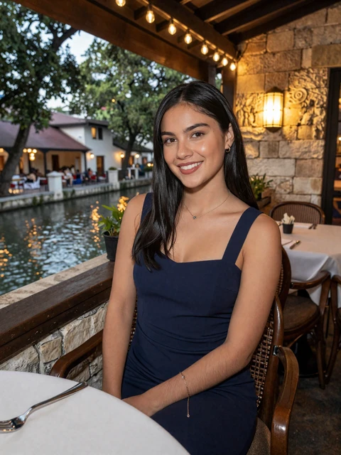 Elegant woman at an upscale River Walk restaurant patio in San Antonio - sugar baby San Antonio dating lifestyle