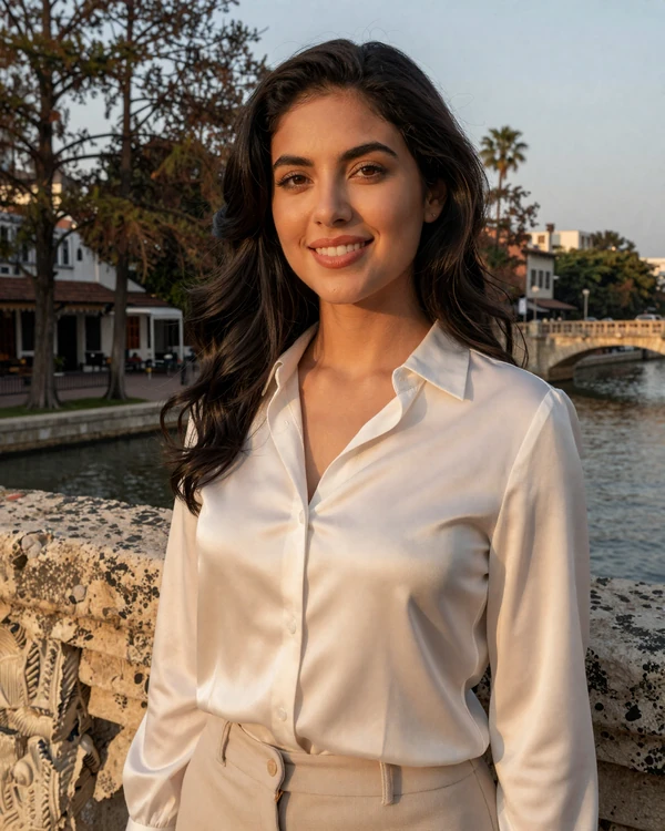 Attractive Latina woman smiling on the San Antonio River Walk at golden hour - sugar daddy San Antonio premium dating