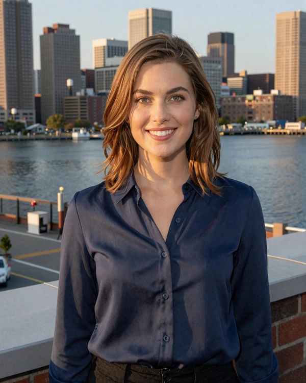 Elegant brunette woman in a navy silk blouse on a Boston Seaport rooftop at golden hour - sugar baby Boston premium dating