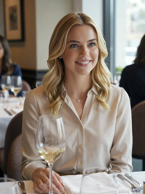 Elegant blonde woman at a Buckhead fine dining table - sugar baby Atlanta dating lifestyle