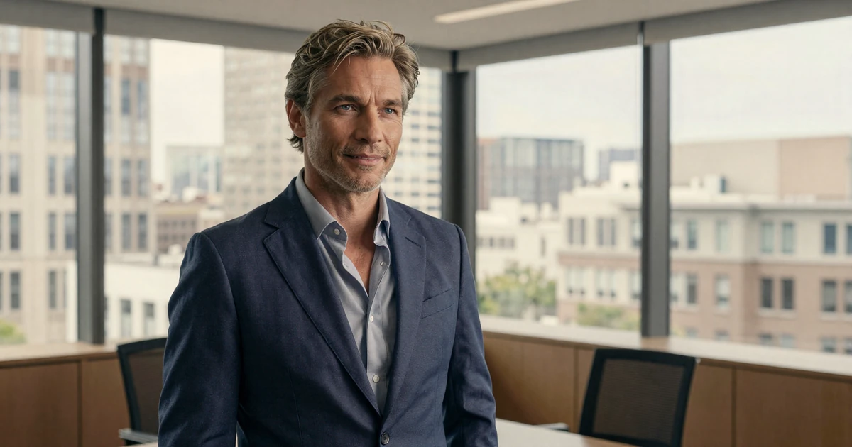 Distinguished older man in a tailored suit in a modern office - successful sugar daddy profile portrait