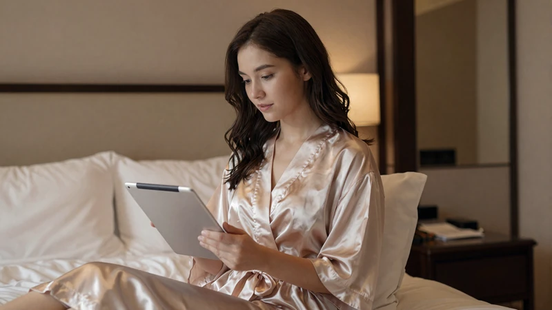 Woman reading a tablet in a luxury hotel bed - exploring sugar dating platforms