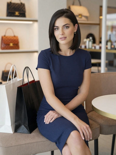 Elegant brunette woman at a Cherry Creek boutique cafe - sugar baby Denver dating lifestyle