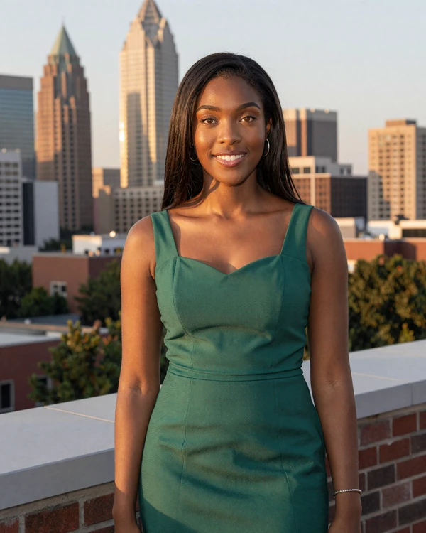 Elegant African American woman in an emerald dress on a Buckhead rooftop with Atlanta skyline at twilight - sugar baby Atlanta premium dating