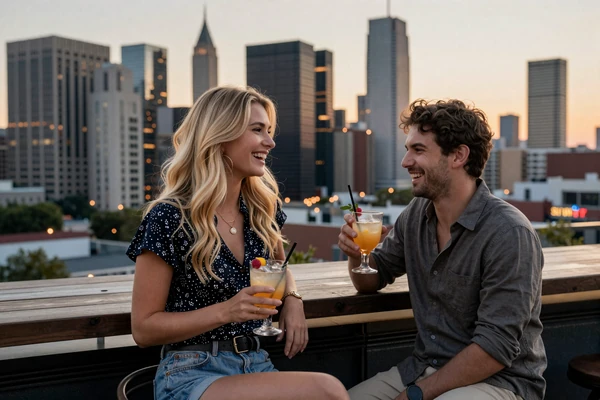 Older woman and younger man enjoying a rooftop bar together - toy boy dating lifestyle