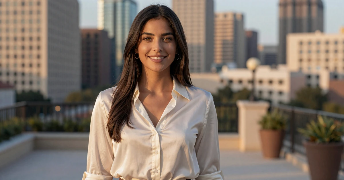 Attractive young woman smiling on a luxury patio with Houston skyline in the background - sugar baby Houston premium dating