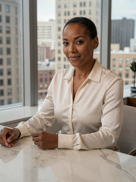 Elegant successful woman in a penthouse office - sugar mama lifestyle portrait