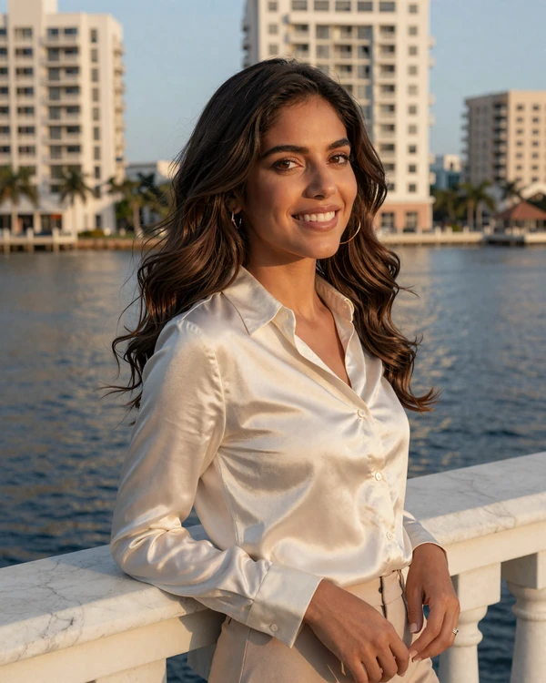 Elegant young woman overlooking Tampa Bay waterfront at golden hour - sugar daddy Tampa premium dating lifestyle